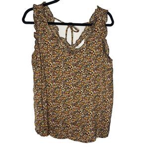 LAUREN CONRAD Blouse Floral Ruffle Sleeveless V-Neck Top Womens L Black Orange